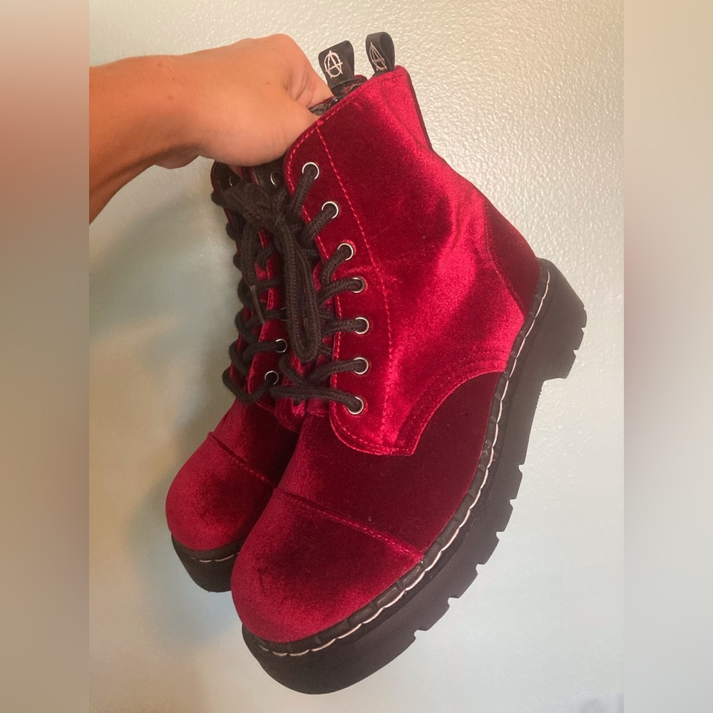 T.U.K Anarchic Burgundy Velvet Combat Boots